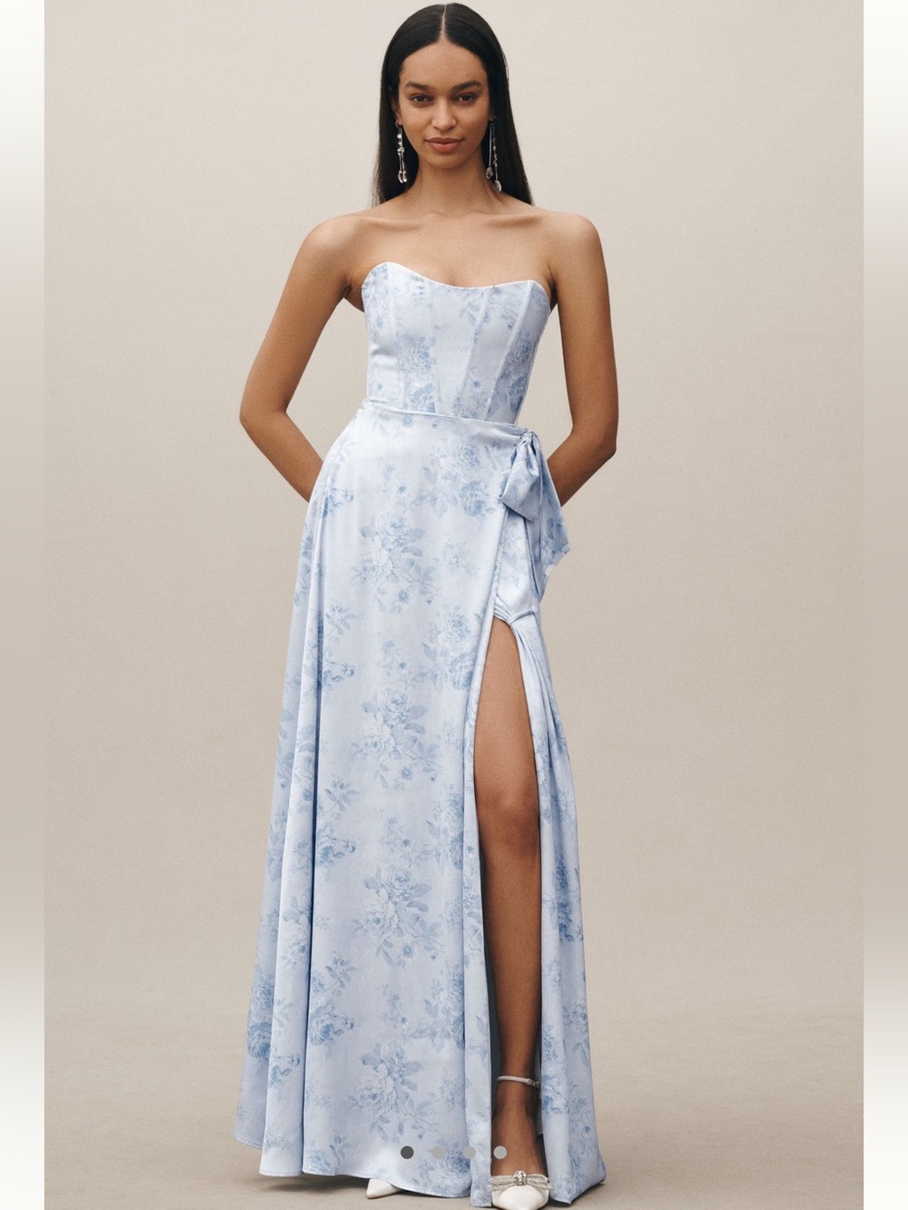 V. Chapman Cecilia Satin Strapless Corset Dress Gown in Blue Tapestry Rose
